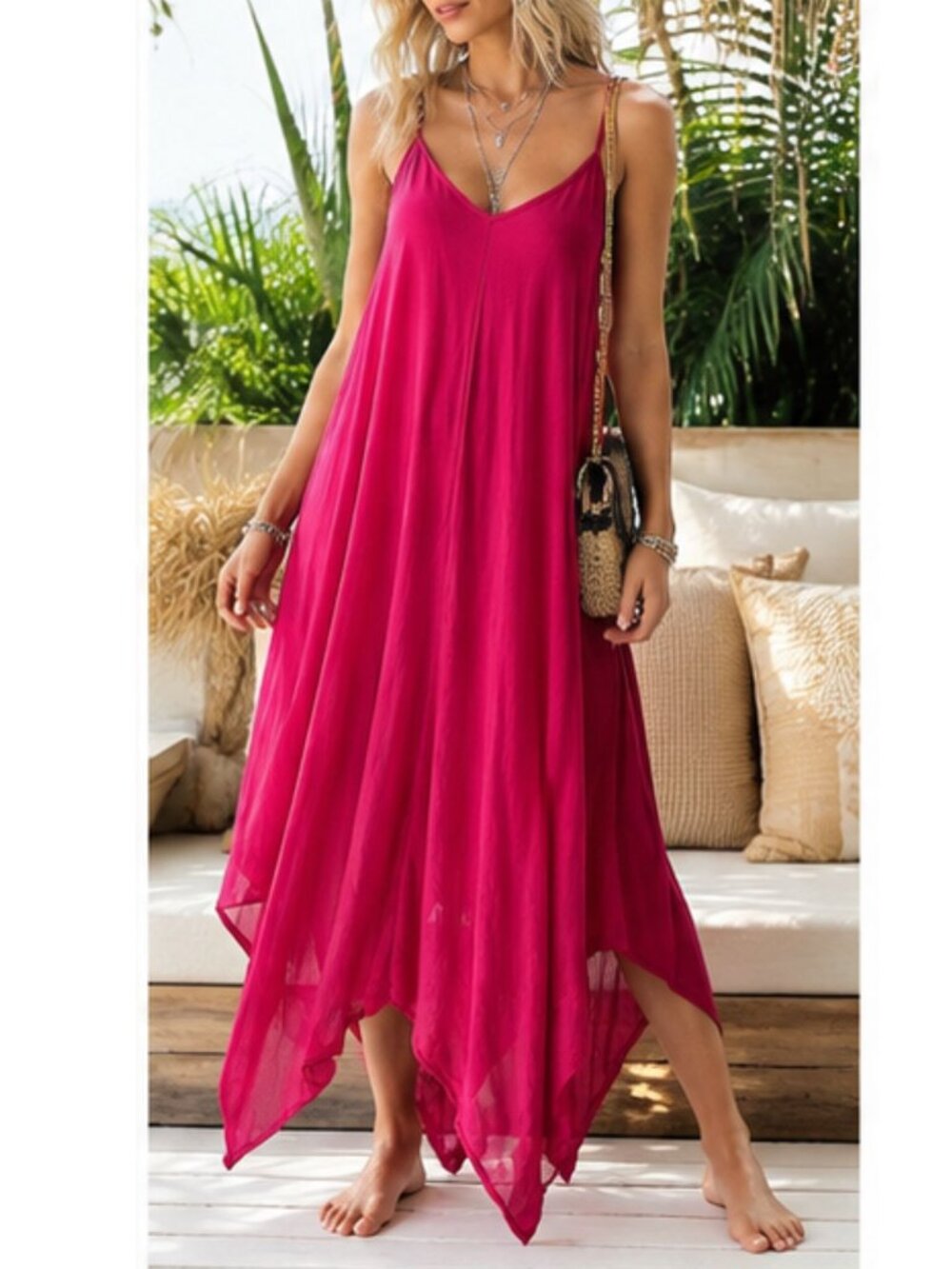 Elan Fuchsia Handkerchief Hem Maxi Dress NWT Small Boho Resort Cover-Up